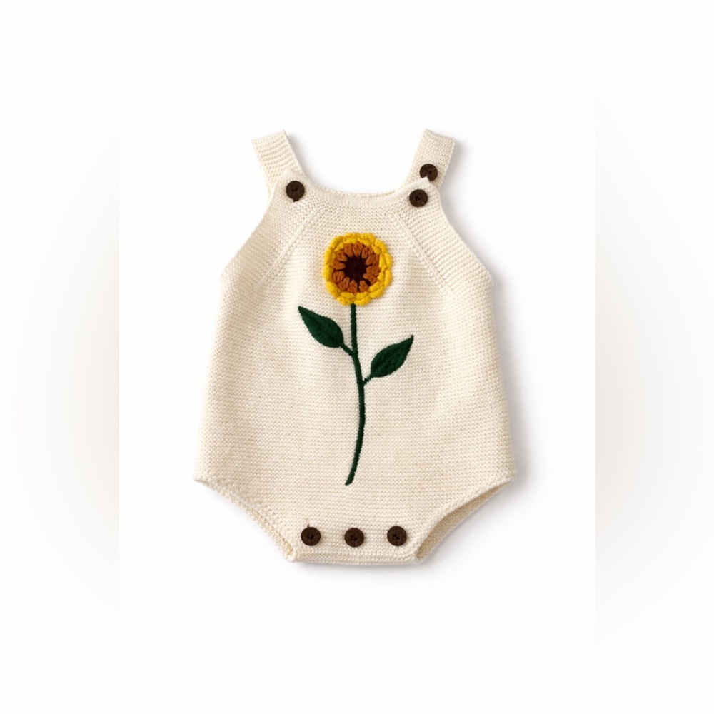 SIZE NEWBORN - Cream Baby Knit Romper with Sunflower 🌻✨🩷